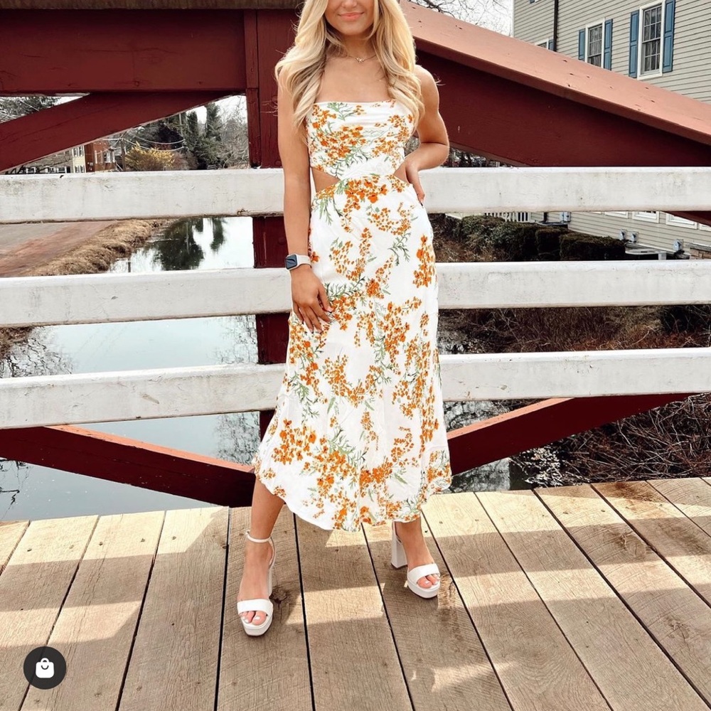 Orange floral tie back midi dress